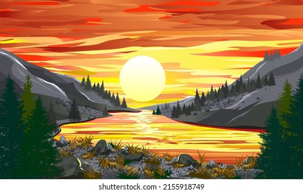 Live wild nature. Mountain landscape and a river flowing between mountains. Coniferous forest. Sunset. Sun and sky with clouds.