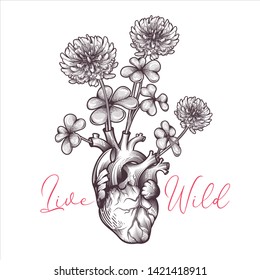 "Live wild" poster design. Blooming clover with human heart in engraving technique. Vector illustration.