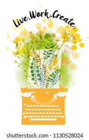 Live, work, create. Watercolor vector floral card with retro typewriter