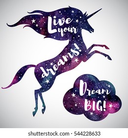 Live your dreams. Watercolor unicorn silhouette, cloud and inspiration motivation quotes. Dream big lettering. Watercolour night sky, stars. Illustration, template for cards, posters.