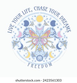 Live your life, chase your dreams.Mystic order.CELESTIAL SUN MOON RETRO TSHIRT GRAPHICS DESIGN