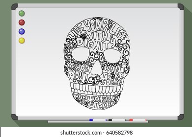 Live your life with dignity. Decorative skull. Hand drawn vector stock illustration. Black and white whiteboard drawing