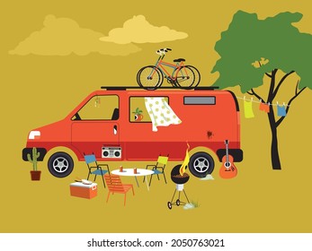 Live-in Generic Cargo Van Parked At A Camping Site With Camp Gear And Furniture Around, No People In Sight, EPS 8 Vector Illustration