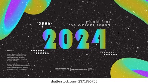 Lively 2024 sound wave music poster. Club party flyer. Electronic Music festival poster with abstract gradients waves music background neon colors. 90s style illustrat3