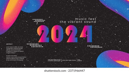 Lively 2024 sound wave music poster. Club party flyer. Electronic Music festival poster with abstract gradients waves music background neon colors. 90s style illustrat3