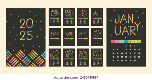 Animado diseño de Vector calendario 2025 sobre un fondo oscuro con Elementos de confeti multicolores. Los nombres de los meses se escriben en letras vibrantes y segmentadas, creando una estética festiva y alegre.