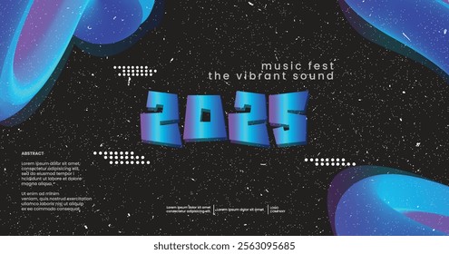 Lively 2025 sound wave music poster. Club party flyer. Futuristic gradients waves music background music background neon colors. 90s style