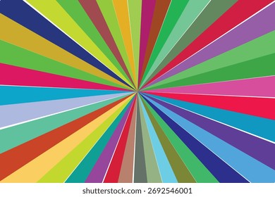 Un fondo abstracto animado que muestra una explosión radial de numerosas rayas de colores. El patrón se origina desde el centro y se expande hacia afuera, presentando una amplia gama de colores.