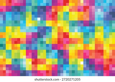 A lively abstract background featuring a grid of small, brightly colored square pixels in a full spectrum of rainbow hues, ideal for digital art and modern design