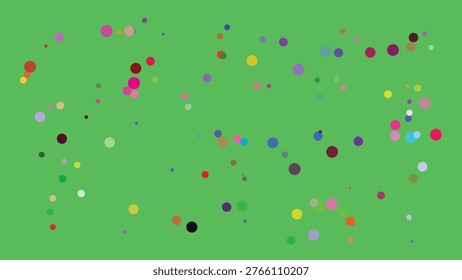 A lively and abstract composition featuring a dense scattering of multicolored circular dots against a solid green backdrop. The dots vary in size and hue, creating a dynamic and visually stimulating.