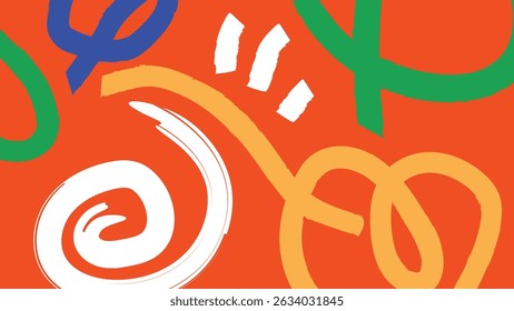 Lively abstract composition with hand painted swirls and loops in vibrant colors over red. Ideal for expressive branding and creative projects.