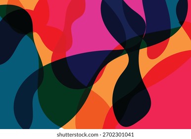Un diseño abstracto animado que presenta Formas orgánicas superpuestas en una paleta de colores audaces. La interacción de rojo, rosa, naranja, azul y verde crea una sensación de energía.