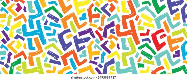 Lively abstract design with a variety of colorful brush stroke shapes scattered on a white background, creating a vibrant and dynamic visual effect.