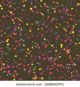 A lively abstract pattern featuring a dense scattering of colorful confetti. Small dots and squares in bright shades of red, yellow, purple, and green create a festive and energetic texture.