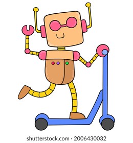 lively advanced robot is having fun riding a scooter, vector illustration art. doodle icon image kawaii.