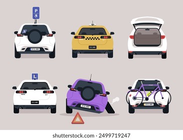 A lively arrangement of cars showcasing various parking signs, colors, and accessories, creating a fun and humorous take on urban vehicle scenarios