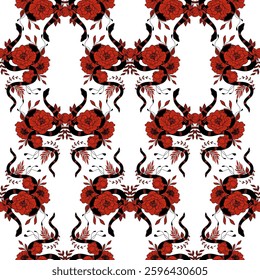 A lively arrangement of snakes entwined with bold red roses, creating an elegant seamless pattern
