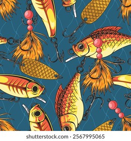 A lively arrangement of various fishing lures features bright colors and intricate details. The background is a deep blue enhancing the vividness of each lure's design.