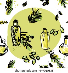 Lively artistic olive branch and oil bottles illustration pattern. Repeating background. Graphic design element. Can be used as print