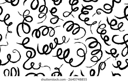 A lively and artistic pattern featuring expressive hand-drawn brush swirls in black ink over a white background. Perfect for stationery, packaging, and creative digital backgrounds.