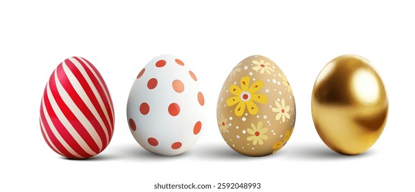 A lively assortment of Easter eggs featuring candy-like stripes, cheerful polka dots, floral patterns, and a lustrous gold finish—ideal for spring festivities, décor, or crafts. 3d vector illustration