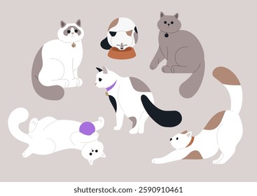 A lively assortment of six distinct cats engaged in various playful activities, capturing the essence of feline charm and individuality against a soft background