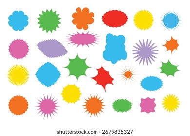 Ein lebhaftes Sortiment von fünfundzwanzig verschiedenen abstrakten Formen und Sternen in einem Regenbogen von Farben, perfekt für das Hinzufügen von Flair. Einzeln auf sauberem, weißem Hintergrund.