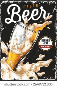 A lively atmosphere featuring a glass of freshly poured beer with frothy foam. The backdrop suggests a welcoming establishment known for its quality since 1987 perfect for enjoying drinks.