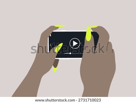 In a lively atmosphere, a pair of hands grasps a mobile phone horizontally, showcasing bright neon colored stiletto nails as they engage, capturing and sharing joyful experiences in harmony.