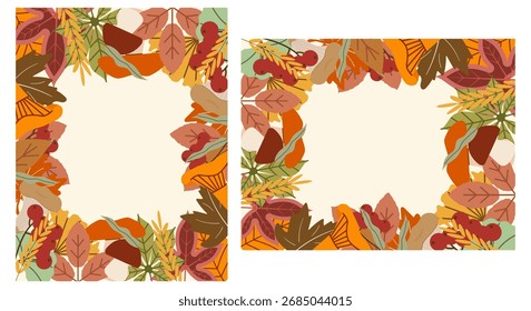 A lively autumn frame bursting with colorful leaves, mushrooms, berries, in warm oranges, reds, and greens. Playful, organic, and perfect for fall-themed invitations, cards, or digital backgrounds