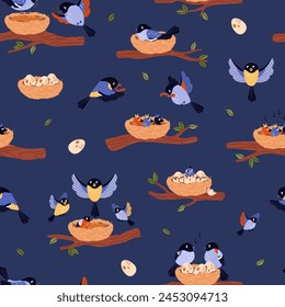 A lively avian tapestry. This vector illustration seamless pattern showcases the full cycle of bird life from nest-building to nurturing the young among branches.