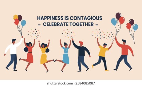 A lively banner depicting people celebrating together with balloons and confetti, spreading happiness and showing how joy can be contagious when shared.