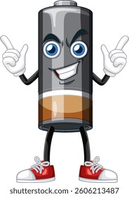 A lively battery character with expressive eyes and sneakers, showcasing a playful and dynamic vector illustration style