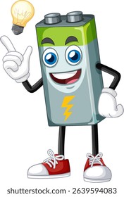 A lively battery character with a light bulb, showcasing energy and creativity in a playful vector style