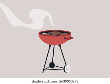 A lively BBQ grill stands with its lid open, revealing deliciously cooked meats releasing flavorful aromas, It's a perfect day for outdoor feasting, surrounded by friends and laughter