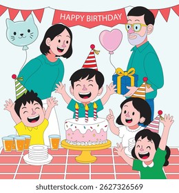 A lively birthday party illustration featuring a happy child surrounded by friends, a father holding a gift, and loving parents. Great for family events, party themes, and joyful celebration visuals