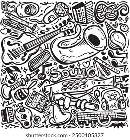 A lively black and white doodle art showcasing various musical instruments and sound elements, creating a dynamic and artistic illustration.
