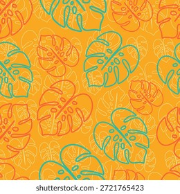 Patrón abstracto botánico animado con hojas de monstruo delineadas en colores vibrantes, perfecto para diseños tropicales modernos
