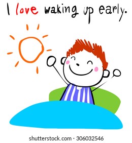 lively boy love waking up early doodle vector style