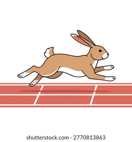 A lively brown rabbit with white underparts is depicted in mid-stride, running with determination on a red athletic track, showcasing speed and agility.