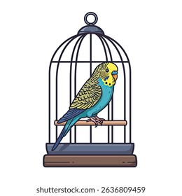 Lively Budgerigar Pet Bird Inside Wire Cage on Clean White Background Isolated