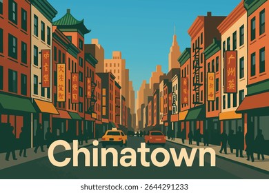 As ruas animadas e movimentadas da Chinatown de Nova York, onde luzes de neon vibrantes, mercados lotados e o aroma da comida de rua criam uma atmosfera cultural dinâmica 