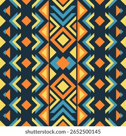Um padrão contínuo vivo e cativante com formas geométricas étnicas em uma paleta de cores vibrantes de laranja, amarelo e azul em um fundo escuro. Perfeito para design de moda, têxteis digitais, um