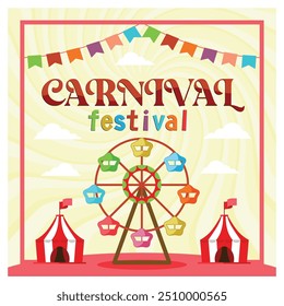 A lively carnival festival in Brazil. Circus entertainment with various kinds of rides. Carnival Party concept. Flat vector illustration.