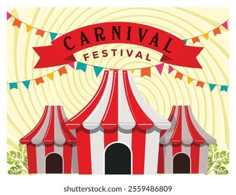 A lively carnival festival with circus performances in an amusement park. Circus tent and hanging colorful flags. Carnival party concept. Flat vector illustration.