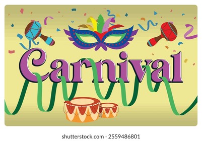 A lively carnival festival with masks, drums, and maracas. Annual fiesta celebration in Brazil. Carnival party concept. Flat vector illustration.