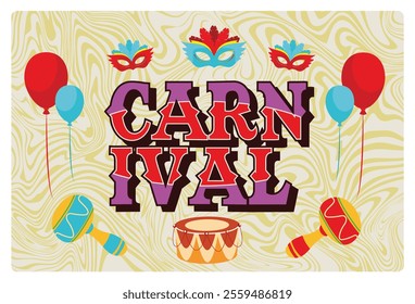 A lively carnival with masks, drums, and colorful balloons. Exhilarating traditional Brazilian carnival celebration. Carnival party concept. Flat vector illustration.