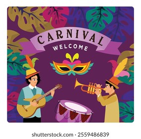 A lively Carnival Party atmosphere with musicians playing musical instruments. Celebrating cultural festivals with colorful masks. Carnival party concept. Flat vector illustration.