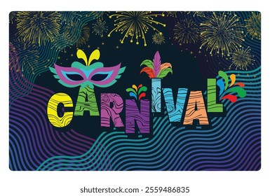 A lively Carnival Party celebration with masks and fireworks. Describes a lively and fun carnival party atmosphere. Carnival party concept. Flat vector illustration.