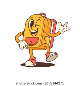 Lively cartoon backpack character walking confidently with a peace sign and winking smile. Perfect for school campaigns, educational content, or branding. Eye-catching and fun vector illustration
